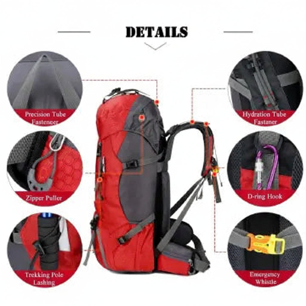 60L Water Resistant Camping Backpack With Rain Cover