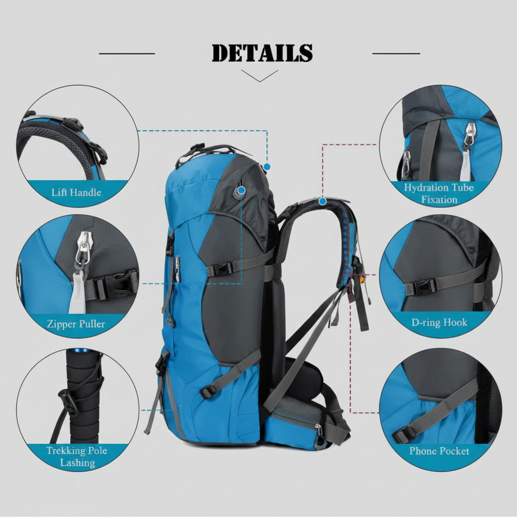 60L Water Resistant Camping Backpack With Rain Cover