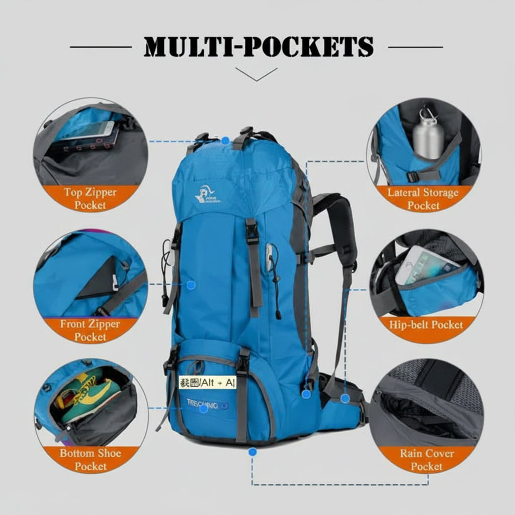 60L Water Resistant Camping Backpack With Rain Cover