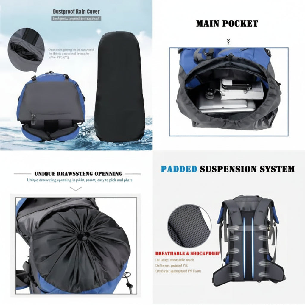60L Water Resistant Camping Backpack With Rain Cover