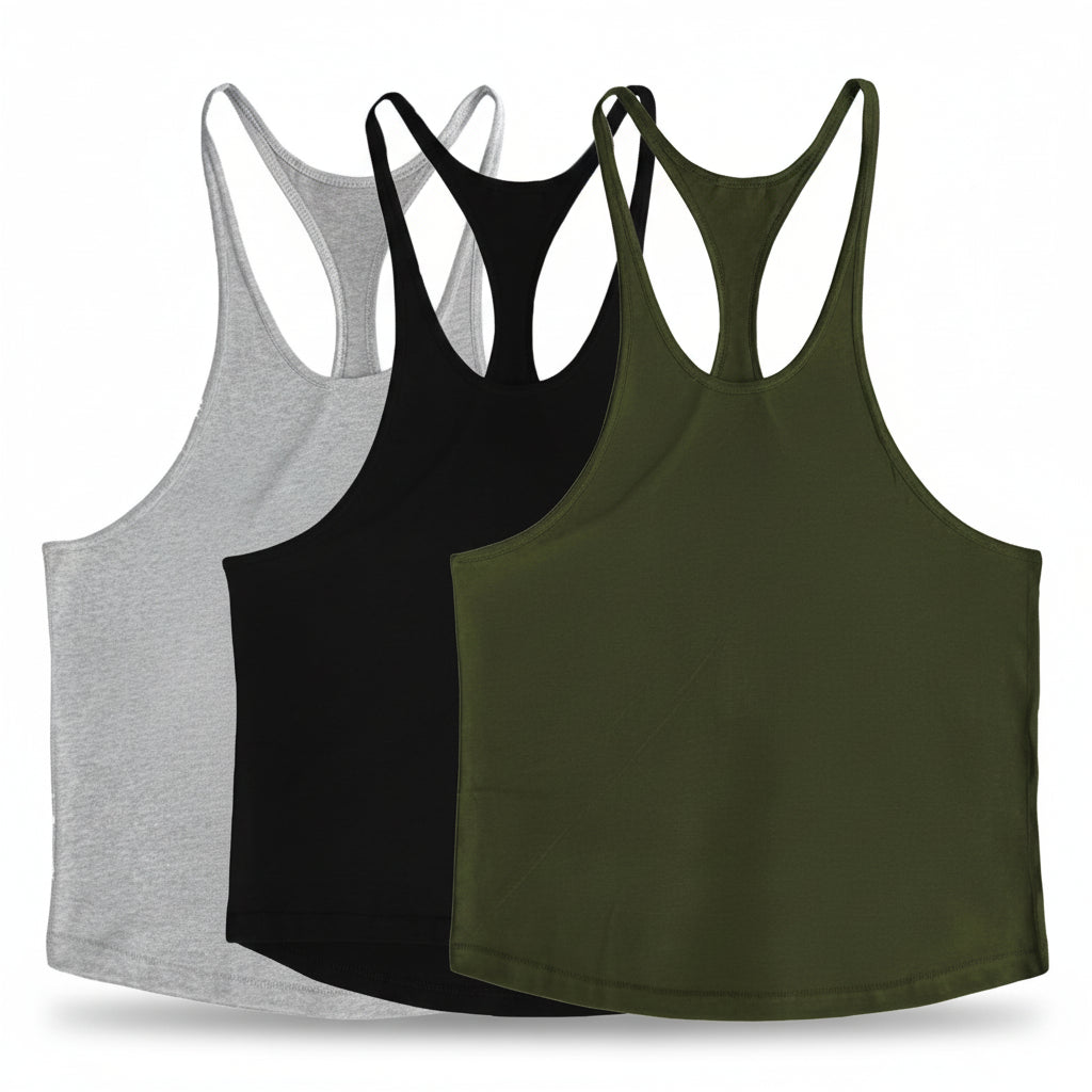 Men's Stringer Tank Tops Muscule Cut Bodybuilding Gym Vest Y-Back Fitness T-Shirts 3Pc Set
